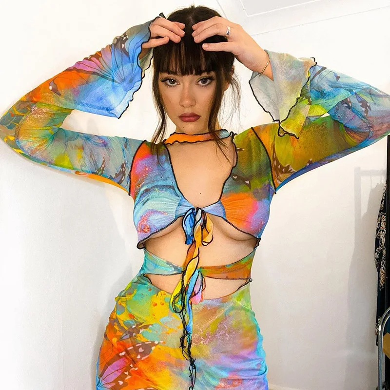 

2024 Aesthetic Butterfly Tie Dye Printed Sheer Mesh Mini Dress Sexy Cut Out Long Sleeve Bodycon Dress Clubwear