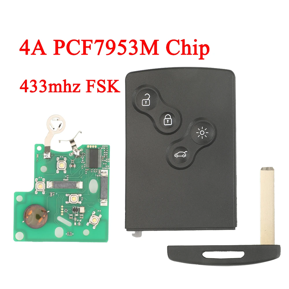 

jingyuqin 4 кнопки, 4A, чип PCF7953M, 433 МГц, FSK, умный дистанционный ключ-брелок для Renault Megane Fluence Laguna Scenic, замена