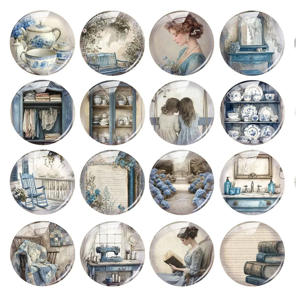 Random Mixed Round/Oval/Square French Blue Vintage Home Women Photo Glass Cabochon Flatback Demo Cameo For Diy Jewelry Making