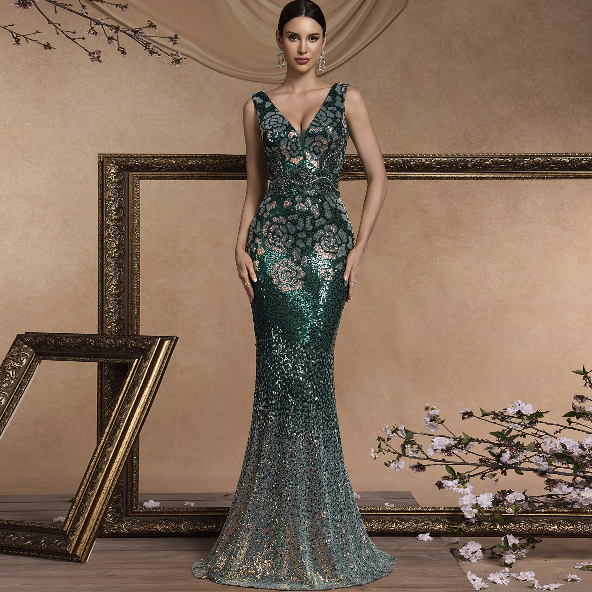 

Rosymae Dazzling Hunter Зеленое платье русалки с блестками для выпускного вечера Глубокий V-образный вырез с открытой спиной Облегающее сверкающее платье для особых мероприятий