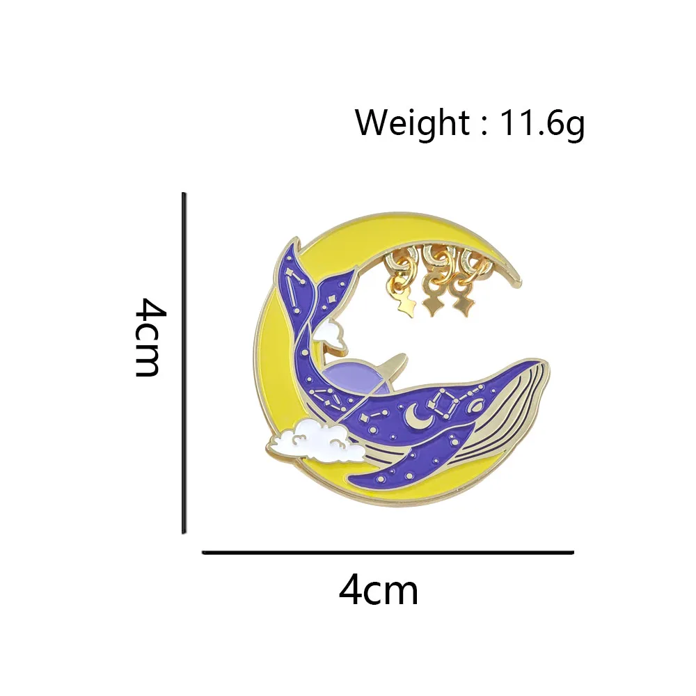 Cute Starry Whale Enamel Pins Dangling Star Brooches Blue Humpback Crescent Moon Lapel Badges Ocean Cosmic Jewelry Gift