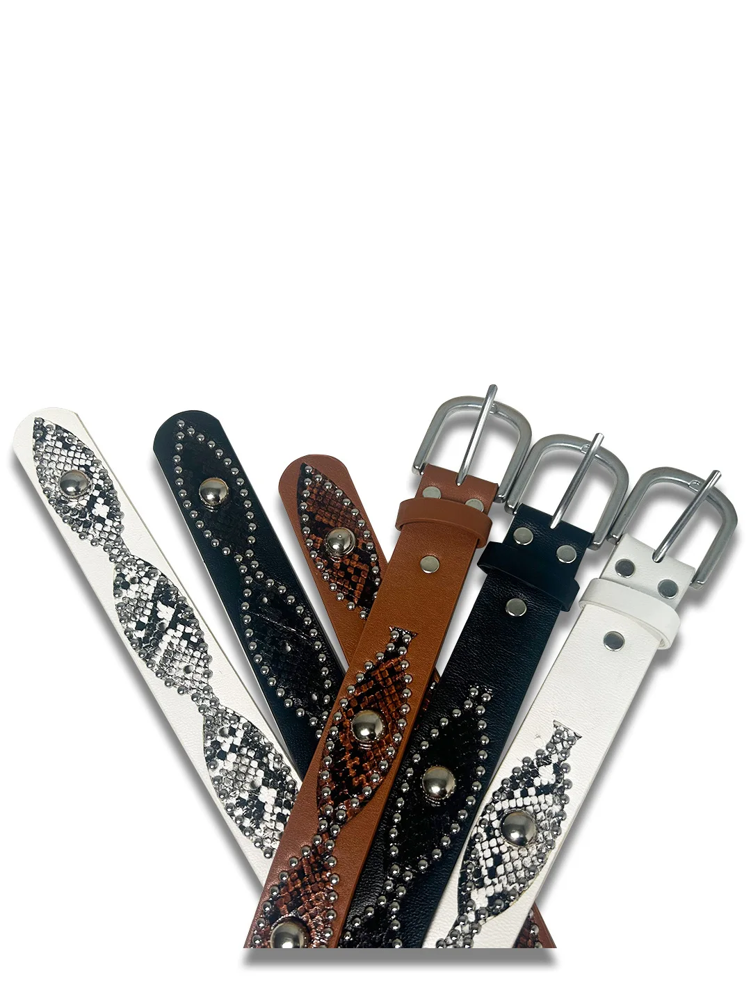 Western Retro Punk Snake Pattern Rivet Peal Rhinestone PU Leather Women Belt Fashion Pin Buckle Alloy Belt for Ladies