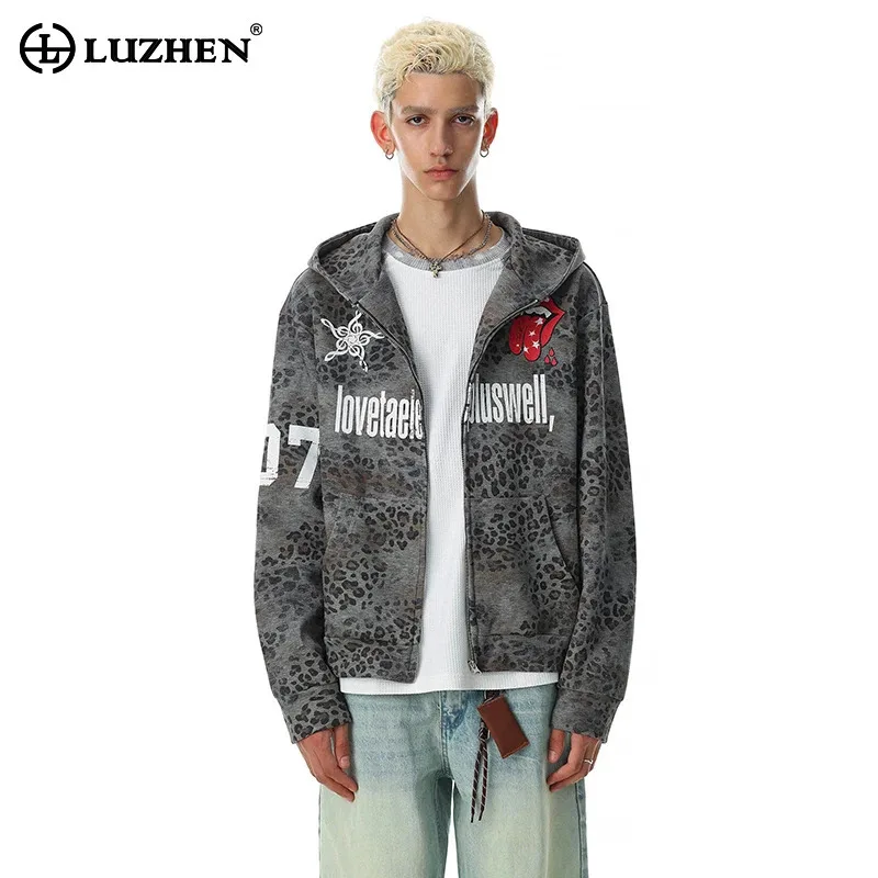 LUZHEN 2026 New American Style Letter Printed Leopard Hoodies Jacket Men's Fashion Handsome Original Street Casual Coat JY8656