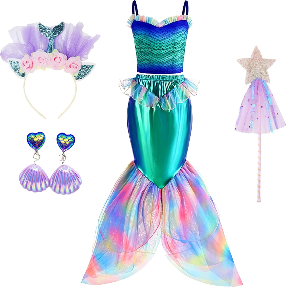Blaues Meerjungfrauen-Kostüm für Mädchen, Zweiteiliges Set für Geburtstagsfeier, Halloween-Kostüme, Prinzessinnen-Cosplay – Detail 4