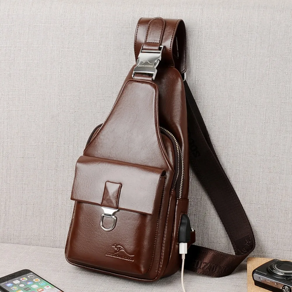 PU leather men's anti-theft lock clasp chest bag with large capacity and multiple pockets, travel load reduction crossbody bag