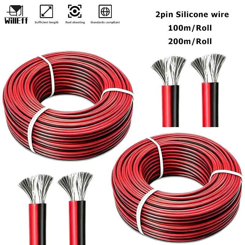 200m/Roll 2pin Silicone wire High temperature resistance 2pin Silicone cable Flexibility Electric cable Insulation waterproo