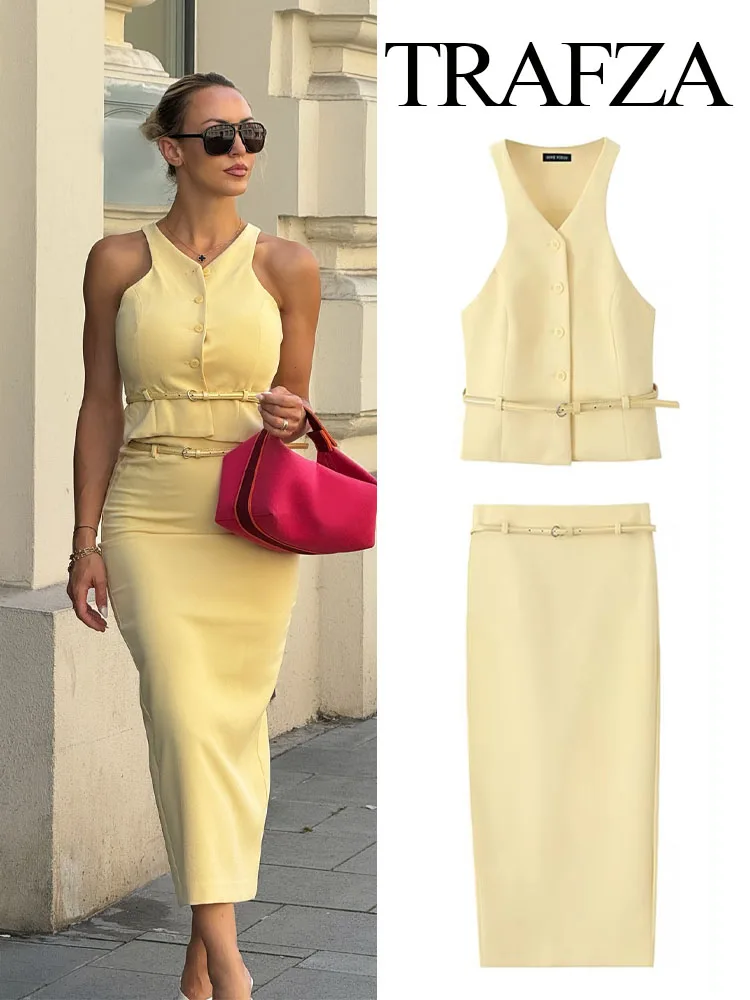 TRAFZA Women Fashion Suit Yellow V-Neck Sleeveless Belt Sngle Breasted Tops+High Waist Pocket Belt Long Skirts Female Summer Set