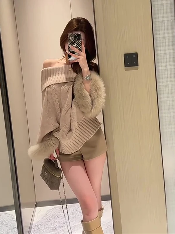 Shoulder Bared Long Sleeve Cloak Sweater Women Loose Style Autumn Fashion Slimming High End Feeling Spicy Girl Rich Girl Wind