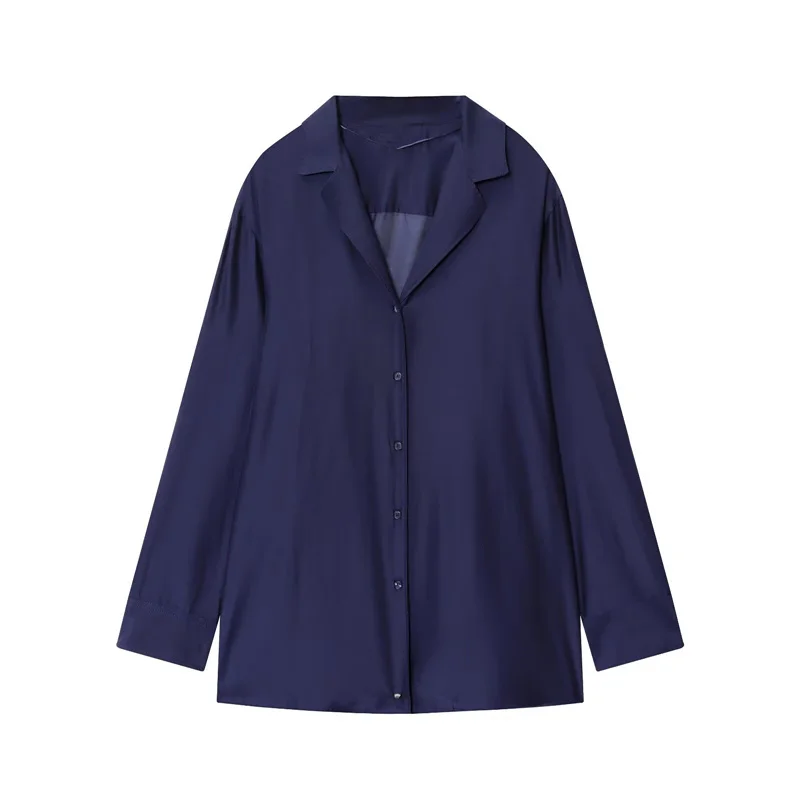 Maxdutti Minimalist Autumn Women's Long Sleeve Shirt Ladies Fashion Dark Blue Loose Casual Shirt Top Blouse Women