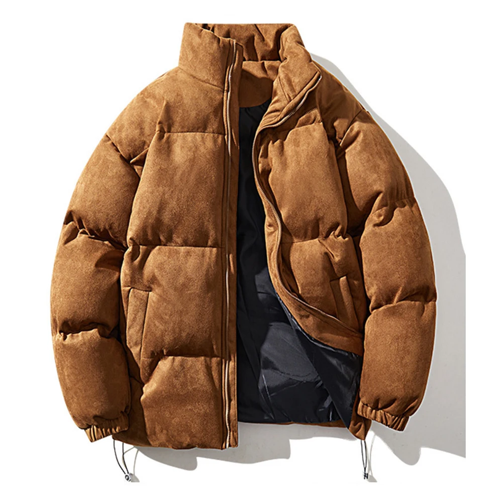 Men Parkas Stand Collar Drawstring Hem Suede For Jacket Oversize Warm Solid Coat