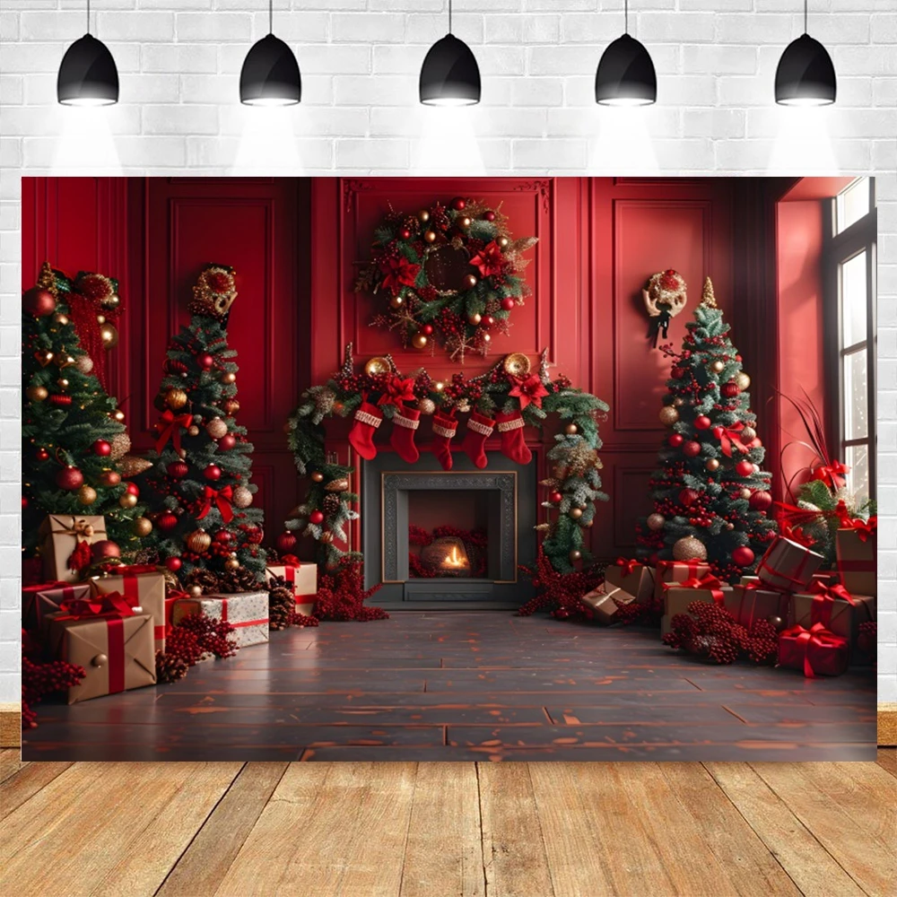 Christmas Photography Backdrop for Family Xmas New Year Party Decorations Red Curtain Christmas Tree Fireplace Photo Backgrounds