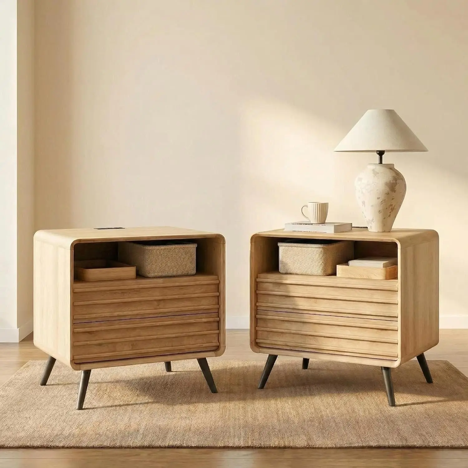 

2-Piece Nightstand Set with Charger Hub, Fluted Mid-Century Wooden Side Table, Two Drawers & Open