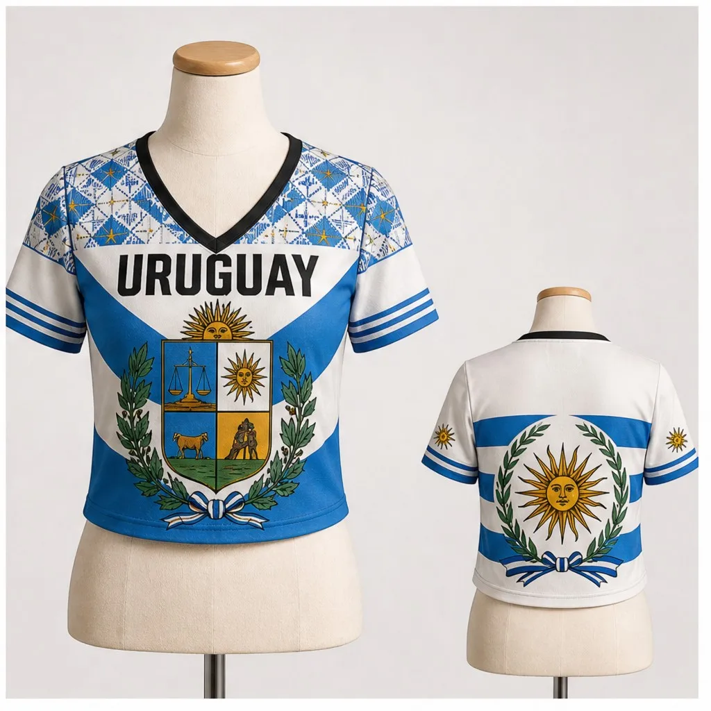 Women Uruguay V Neck Crop Top Sun Crest Laurel Print Short Sleeve Summer Street Travel Daily Fashion Tee Modern Hip Outfit Style
