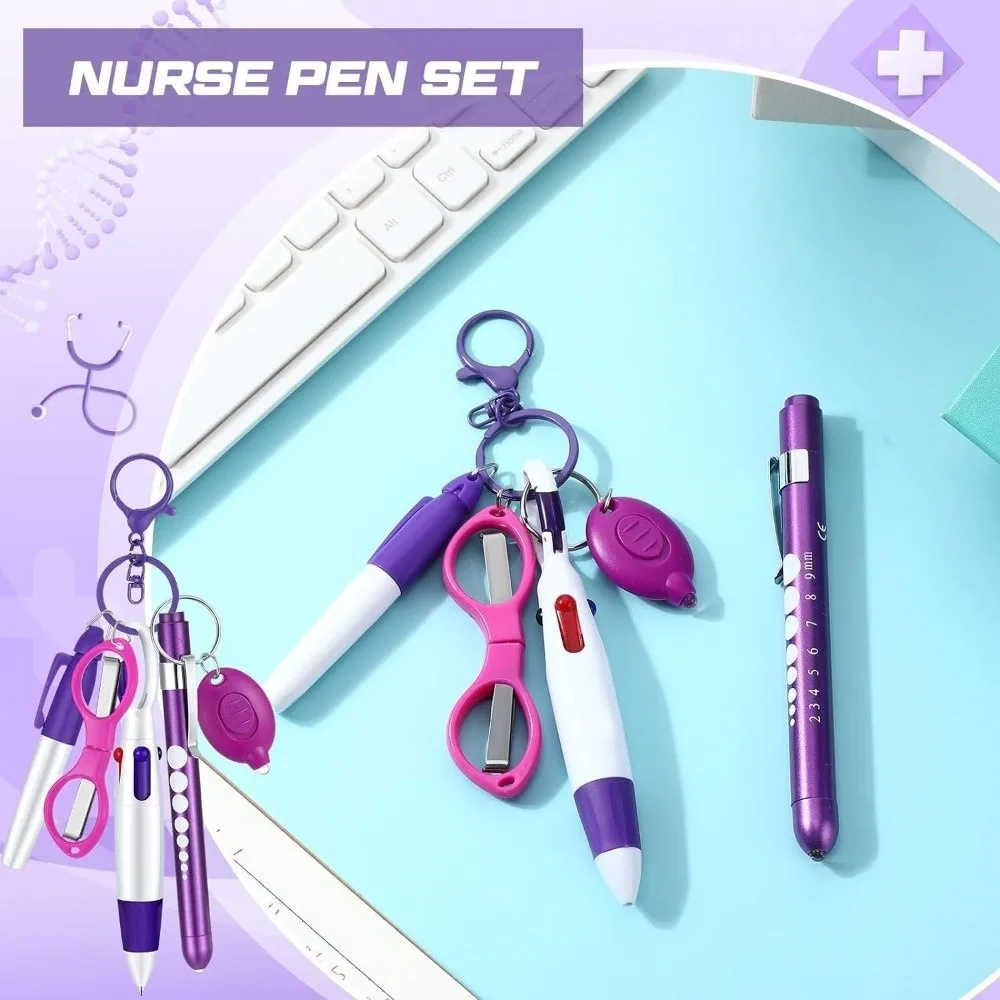 6-in-1 Multifunction Retractable Ball Pen Set Flashlight Foldable Doctore Nurse Badge Reel Keychain Badge Clip Permanent Marker