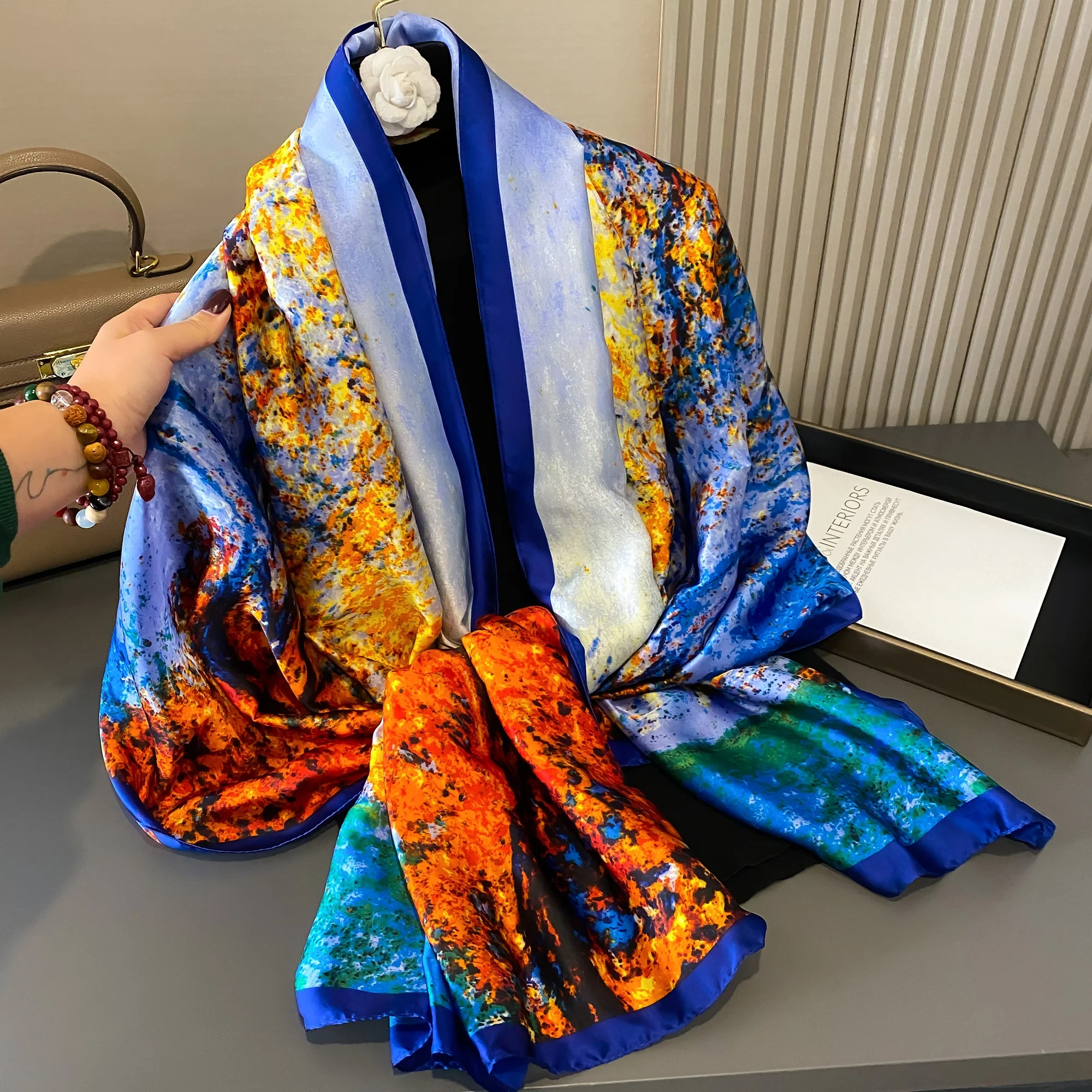 180*90cm Luxury Brand Women Summer Silk Scarves Shawls Lady Wraps Soft Female Geometry Beach Stole Bandanna Foulard Muffler