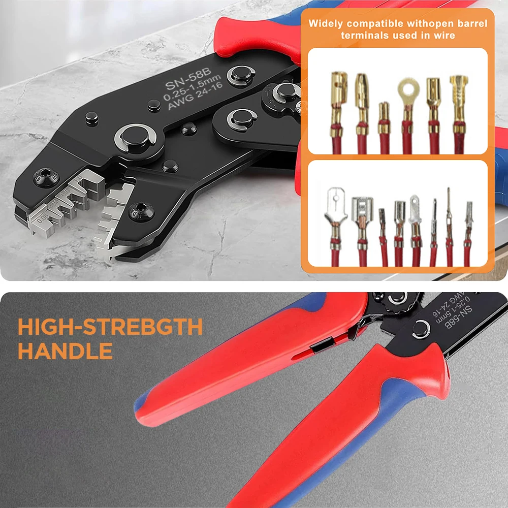 SN-58B Draht-Crimpzange, 0,25-1,5 mm², AWG24-16, nicht isolierte Ratschenklemmzange, Handwerkzeug für die Reparatur von Kfz-Verkabelungen – Detail 7