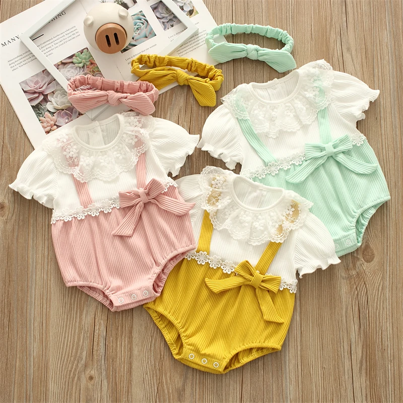 Summer Princess Baby Girls Bodysuits Short Sleeve Bow Lace Flowers Toddler Infants Jumpsuits Clothes