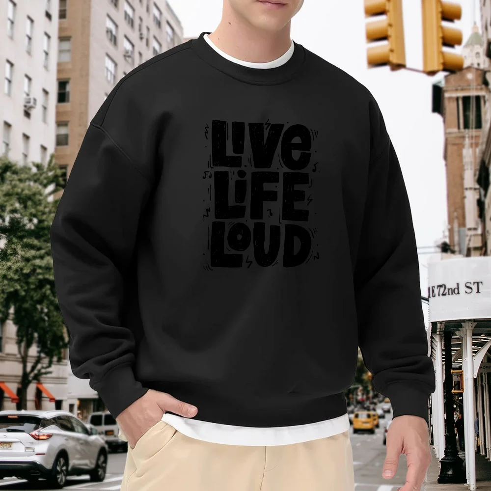 

Men's Black Crew Neck Loose Sweatshirt, Trendy Letter Print Top, Casual Street Style, Comfortable, Breathable, Versatile, Suitable for Both Outer and Inner Wear in Spring and Autumn