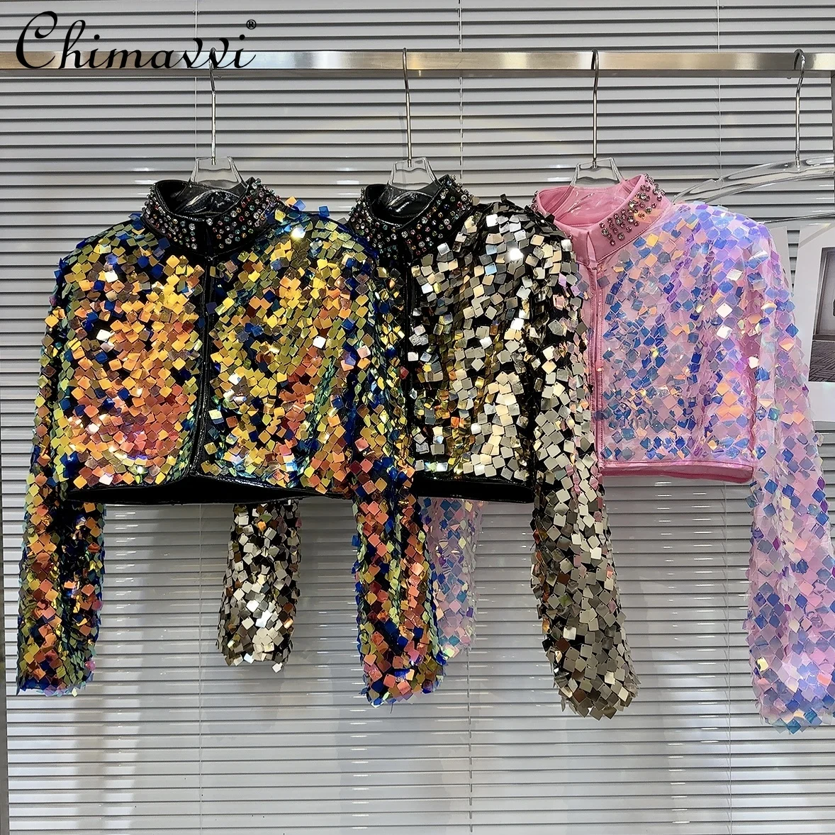 

Winter New Performance Color Gradient Sequin Jacket Streetwear Long Sleeve Heavy Rhinestone Stand Collar Short Coat for Women