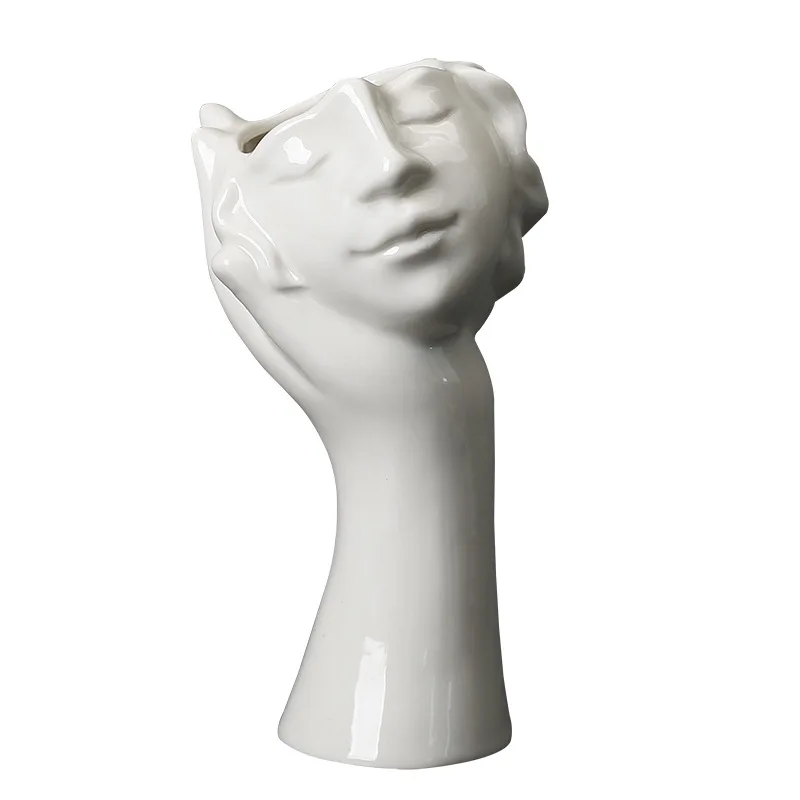 Abstract Hand Support Portrait Ceramic Vase Flower Arrangement Hydroponic White Character Sculpture Decor