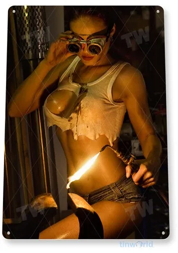 TIN SIGN Beer Goggles Pin-up, Mechanic, Welder, Garage, Shop, Bar, Cave, B081 --Tin Sign