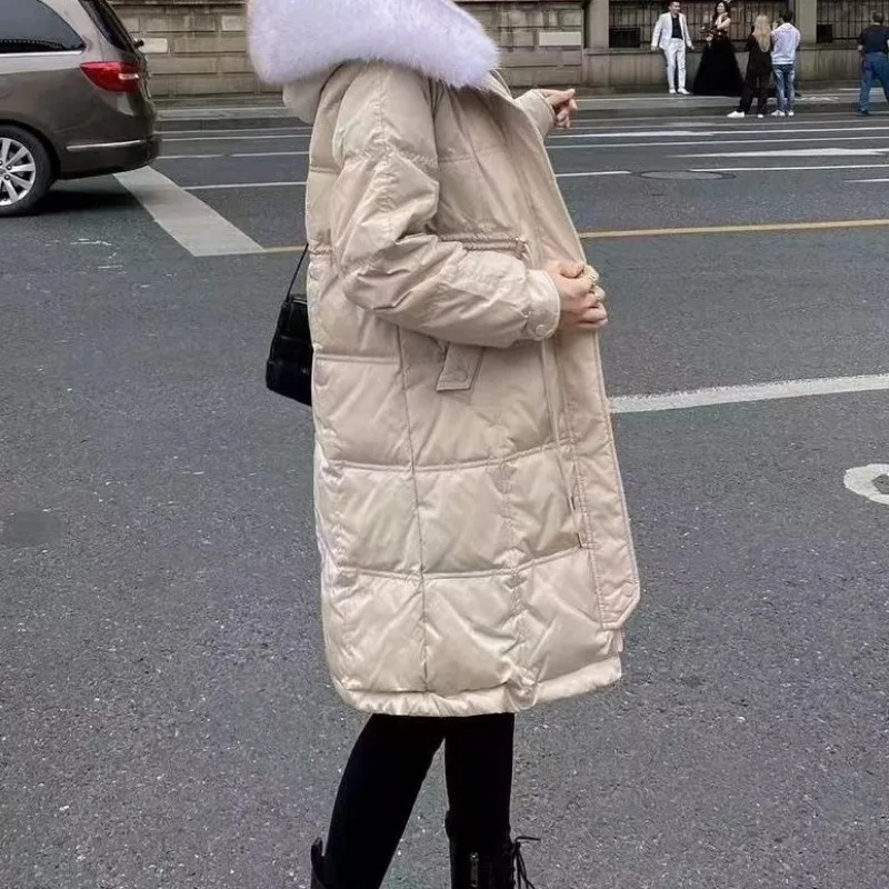 2023 New Women Down Jacket Winter Coat Female Mid Length Version Parkas Slim Fit Thick Warm Outwear Fur Collar Hooded Overcoat