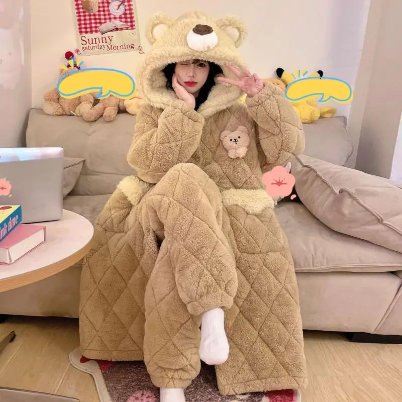 

cotton Women's pajamas pajamas winter Korean version cute Sleepwear robe suit Pajama coral fleece thicken fleece-lined homewear