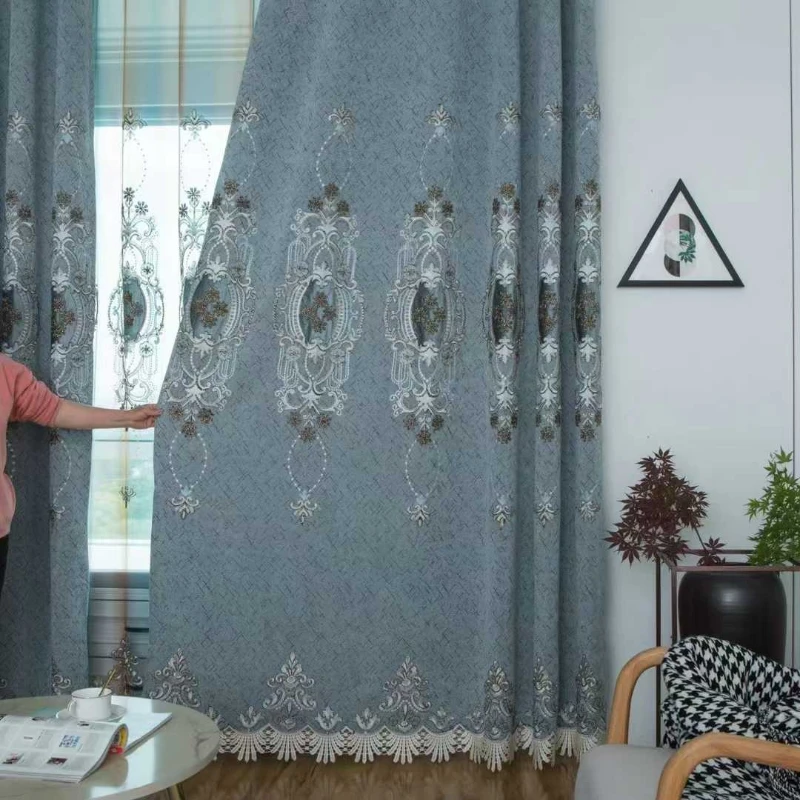 

2025 European classical curtains for living room embroidered jacquard base cloth blue gray gauze curtain high-end bedroom window