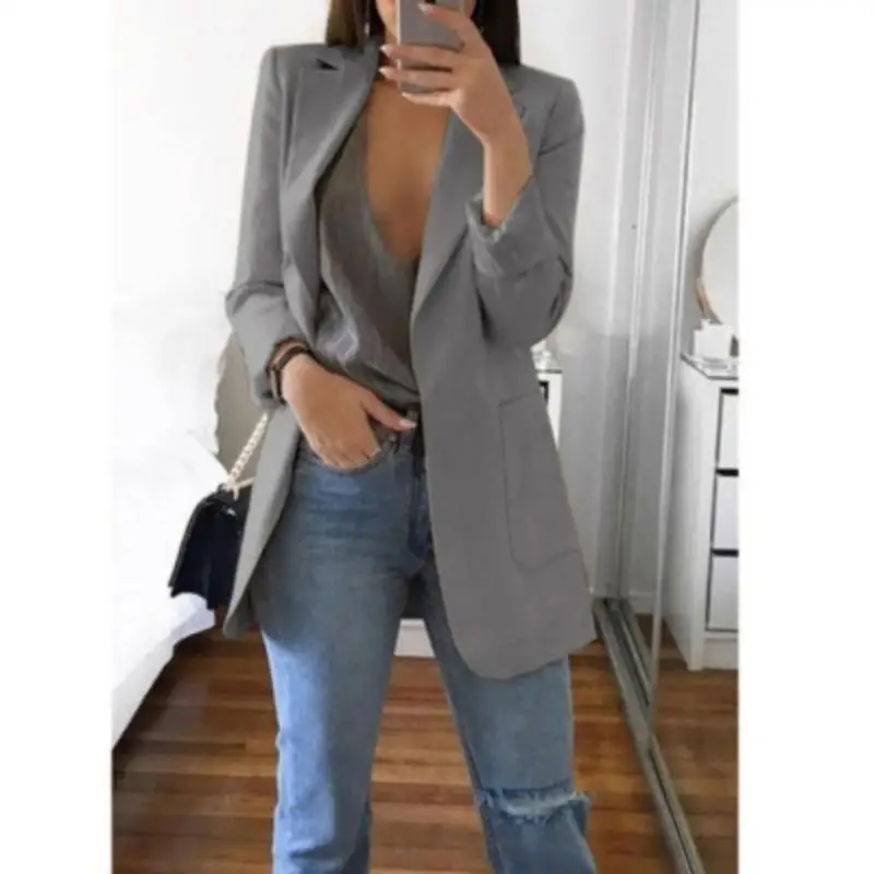 Blazer a maniche lunghe in tinta unita Cardigan tascabile sottile colletto rovesciato cappotto da donna pendolarismo abbigliamento da lavoro Casual autunno