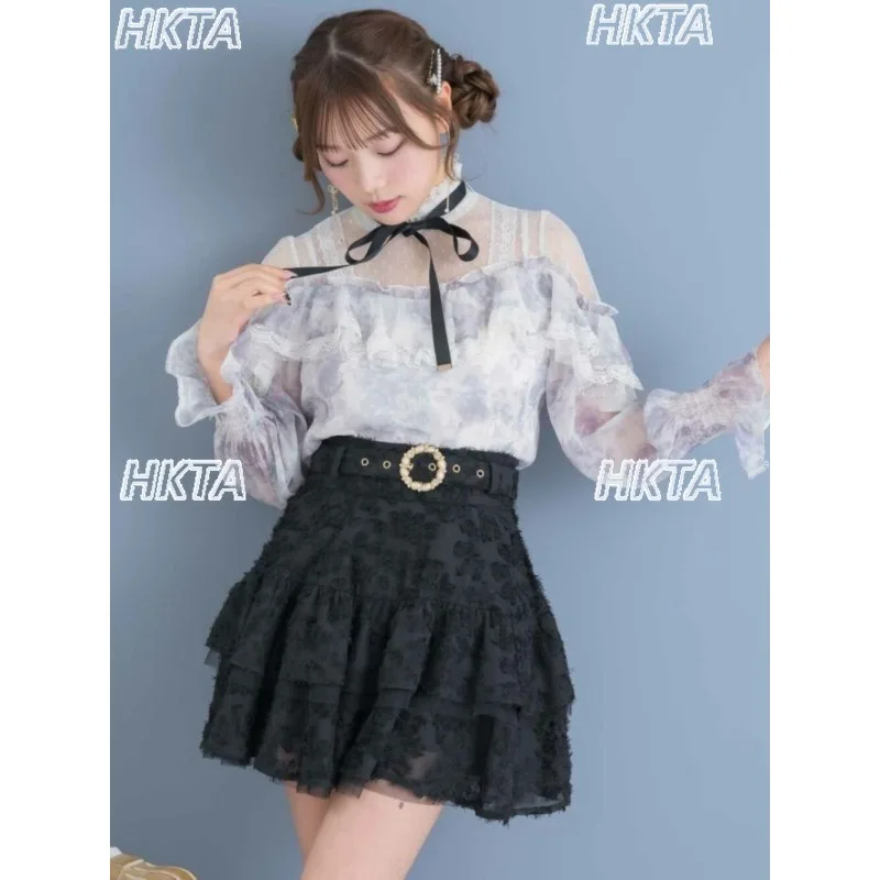 Japanese Elegant Pattern Drawstring Bow Long Sleeved Shirt Sweet Temperament Lace Ruffle Lolita Chiffon Blusas White Top Women