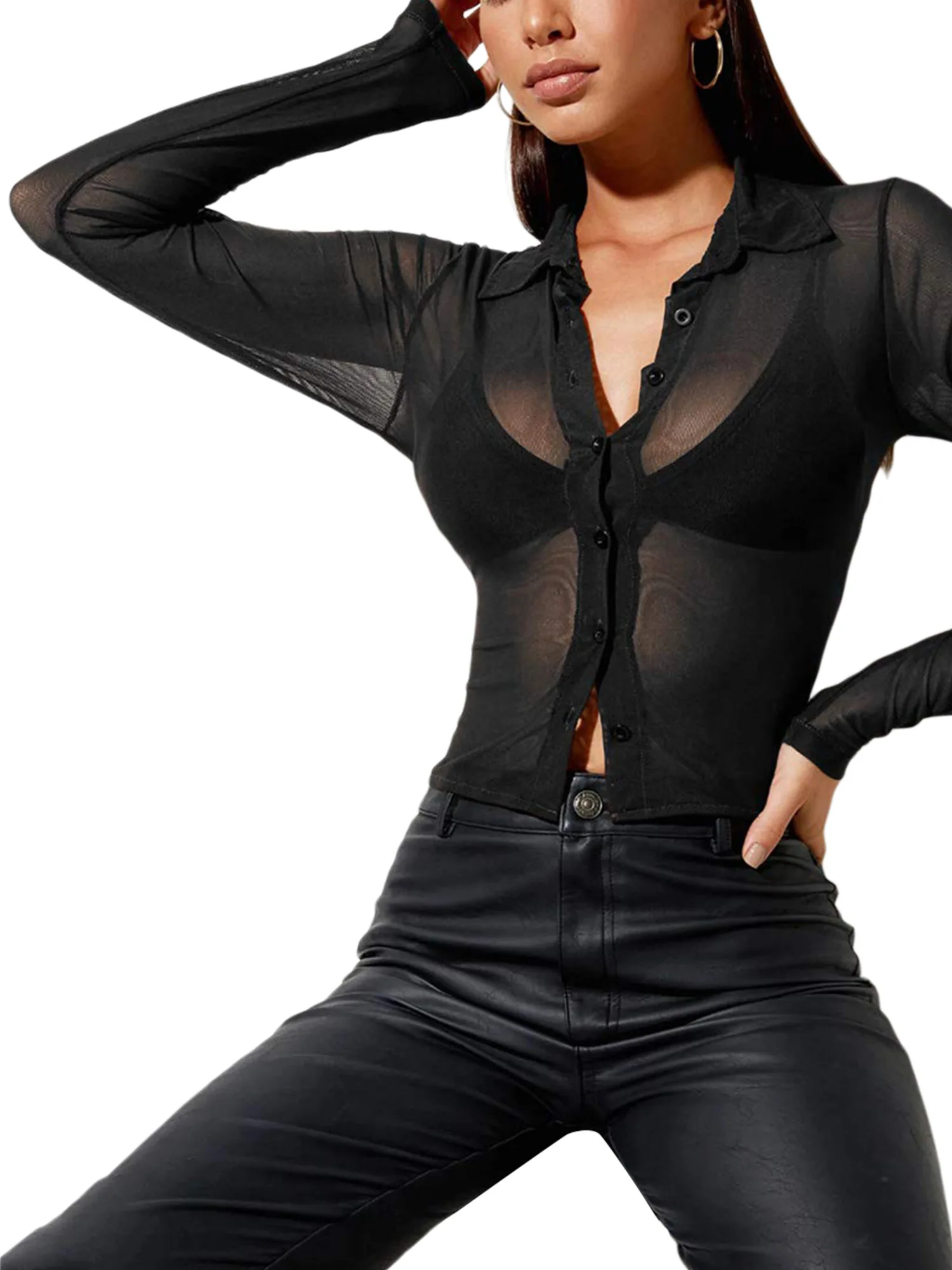 Women\'s Sexy See Through Shirts Mesh Sheer Single Breasted Tops Long Sleeve Turn-down Collar Sheer Blouse Streetwear