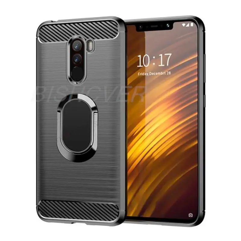 Мягкий силиконовый ударопрочный чехол из углеродного волокна для Xiaomi Pocophone F1, защитный чехол с кольцом-держателем и подставкой