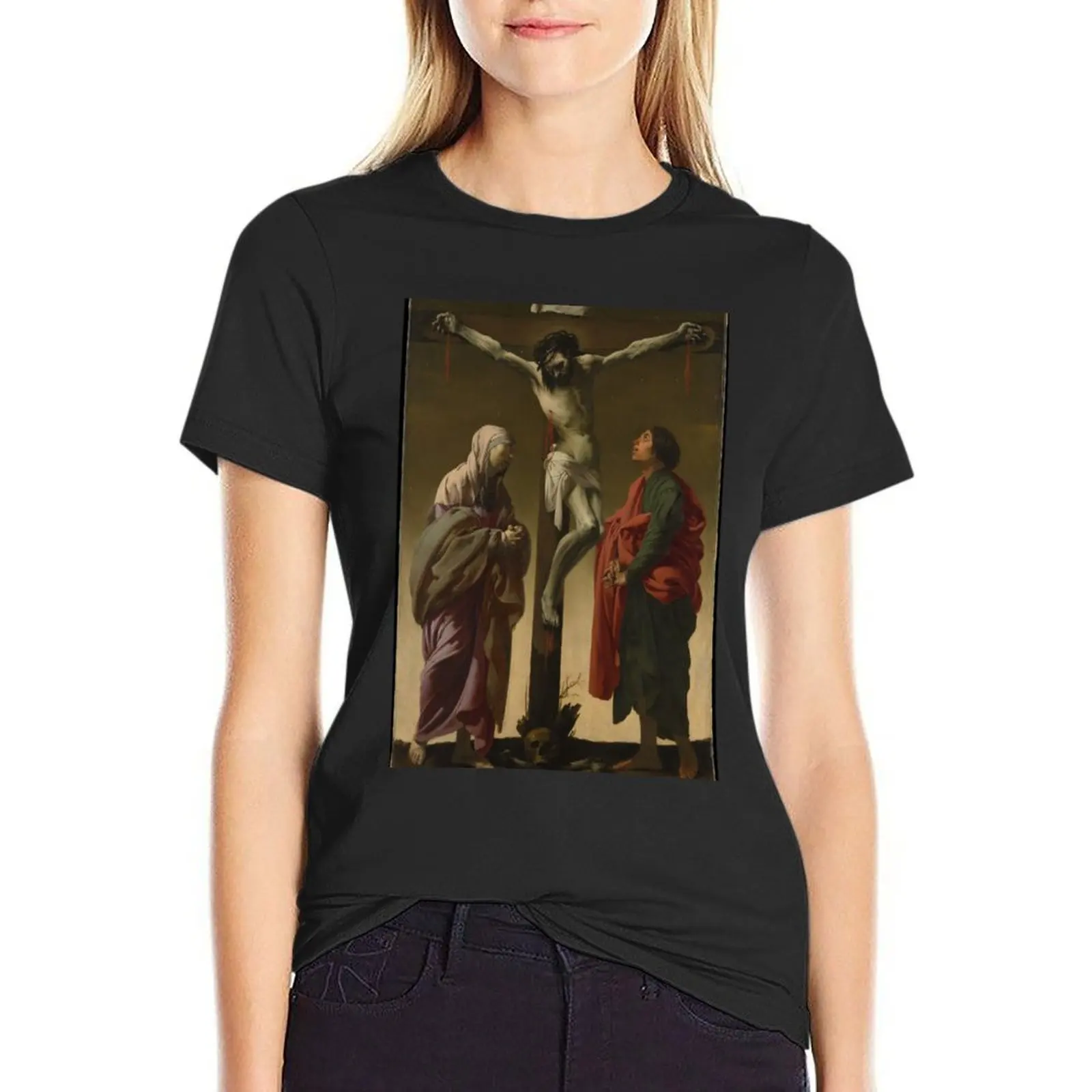 The Crucifixion with the Virgin and Saint John. T-Shirt blacks summer top funnys white t-shirts for Women