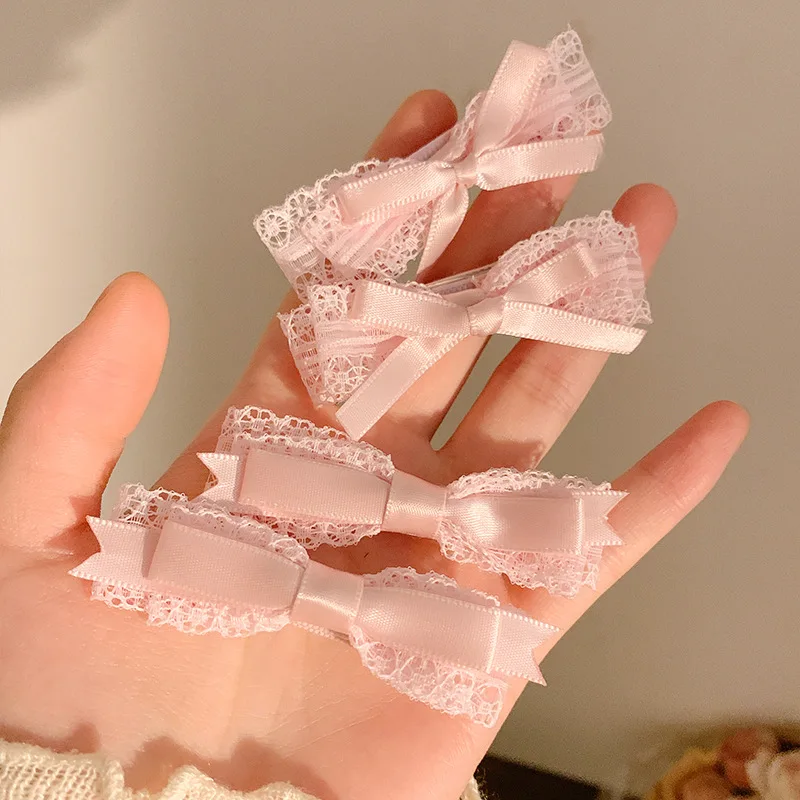 1pair Pink Ribbon Hair Bows Clips Lace Cute Headdress Zircon Bowknot Hairpin Girls Loli Cosplay Hair Accessories