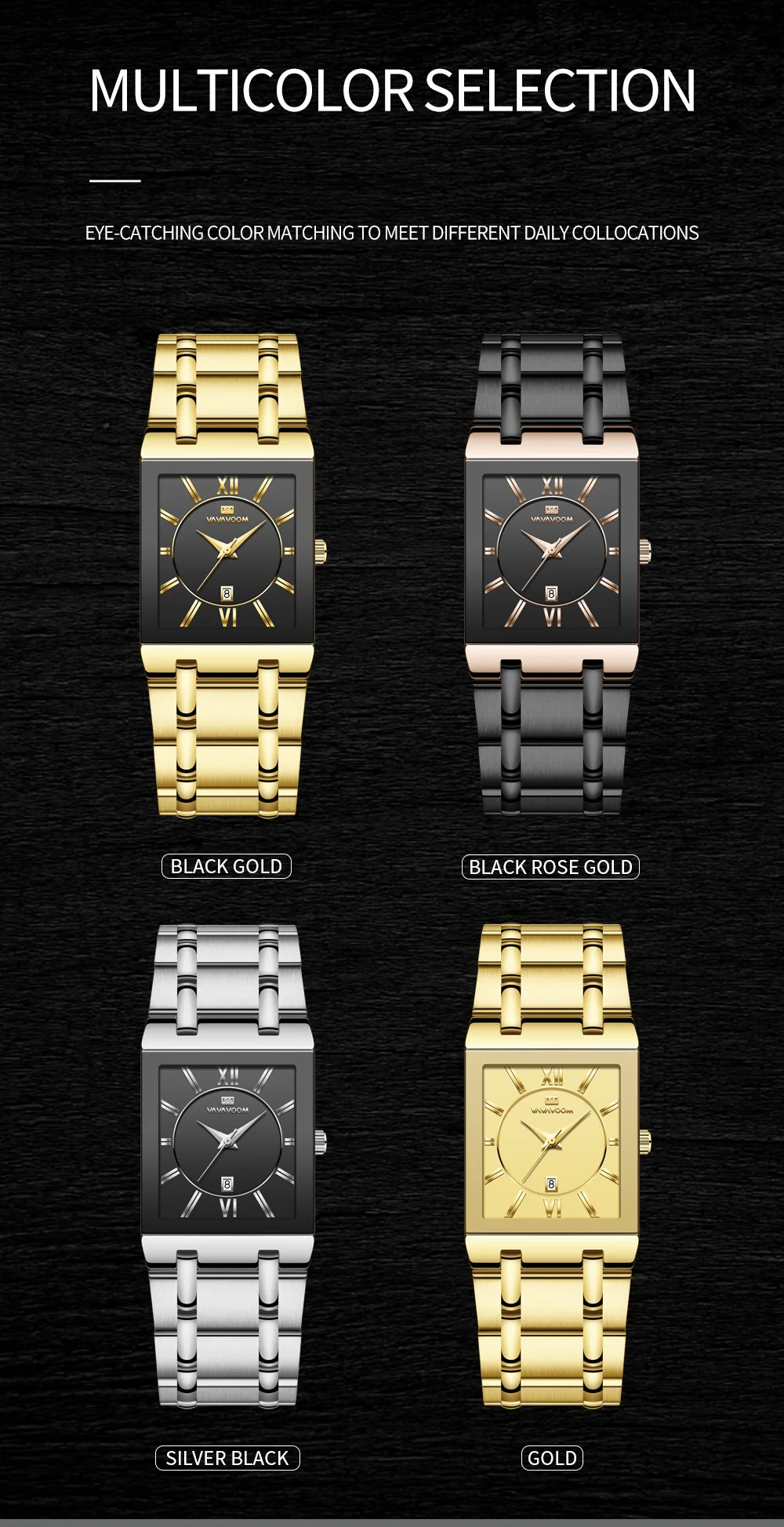 VA VA VOOM Relogio Masculino Watch Men Square Mens Watches Top Brand Luxury Golden Quartz Stainless Steel Waterproof Wrist Watch