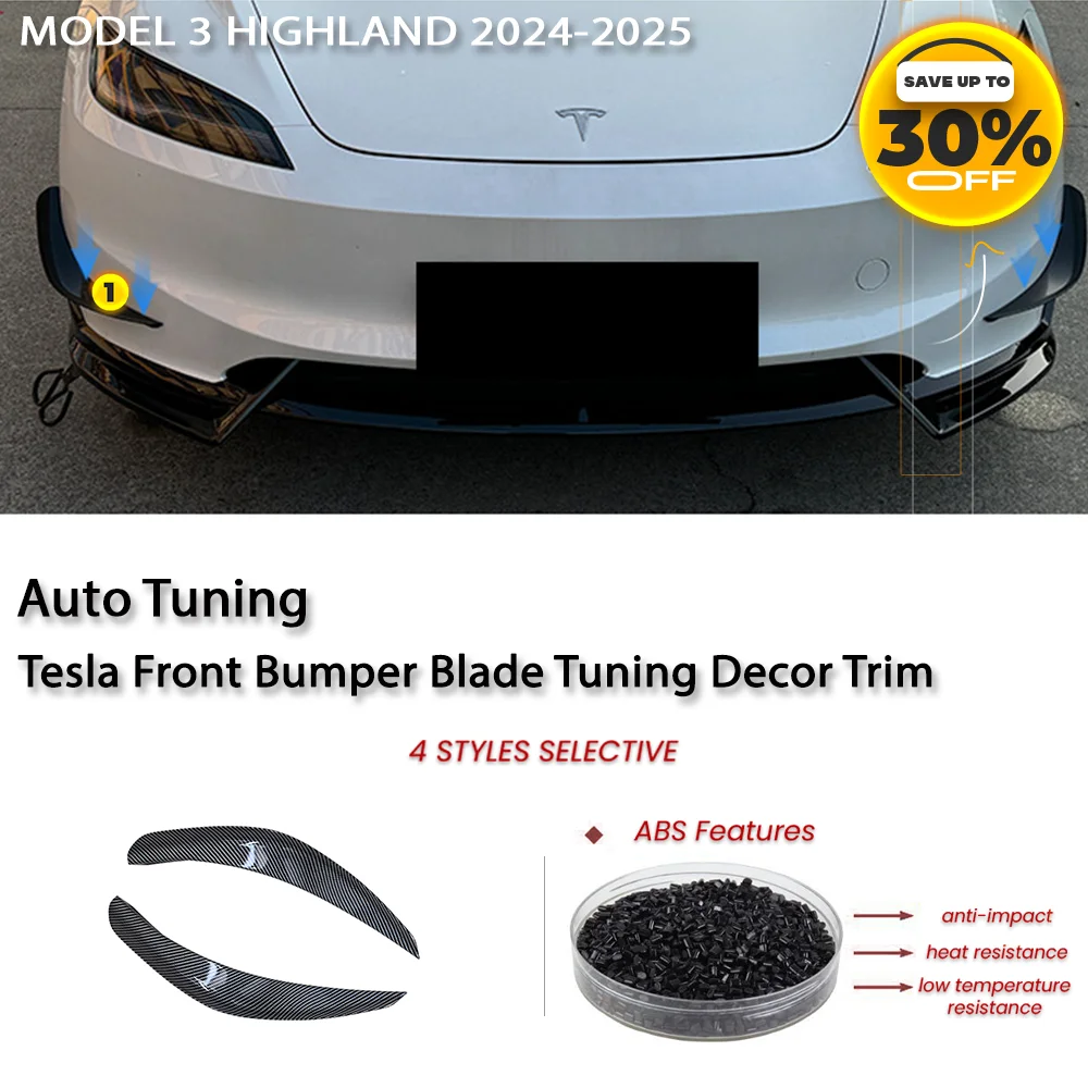 

For Tesla Model 3 Highland 2024-2025 Body kit 2Pcs Car Front Bumper Decor Blade Trim Spoiler Wind Bumper Gloss Black Auto Tuning