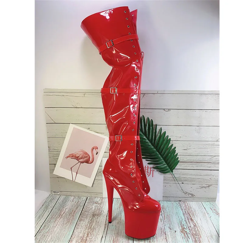 8Inch Sexy Fetish 20cm Gothic White Patent Leather Exotic Platform Women\'s Round Toe Over The Knee Boots Pole Dance High Heels