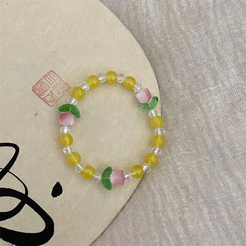 Korean Trendy Cute Colorful Crystal Glass Beads Bracelet for Women Sweet Girls Tulip Flower Charm Bracelets Aesthetic Jewelry