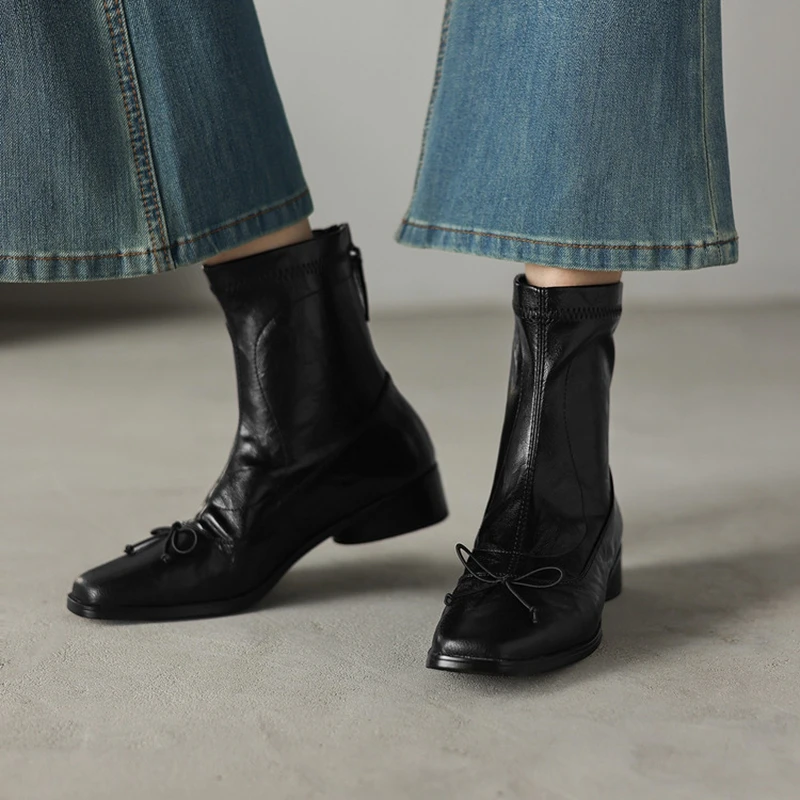 여성용 새 가죽 양가죽 보우 스퀘어 토와 종아리 중간 굽 지퍼 탄성 부츠 슬림 부츠 복고풍 패션 숏부츠