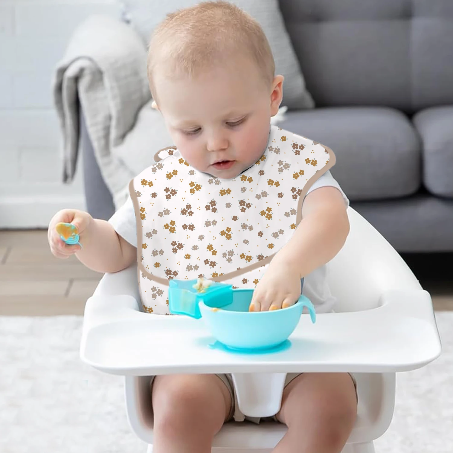 3 Pack Mess Proof Baby Bib with Reversible Pocket, Waterproof Led Weaning Baby Feeding Bibs with Food Catcher image 3