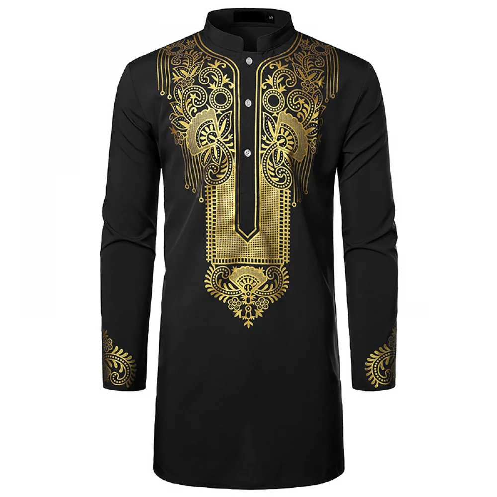 Camisa africana tradicional de manga comprida masculina, estampa flores douradas, roupas étnicas casuais, streetwear casamento