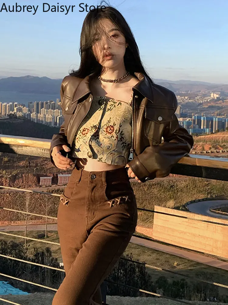 Korean Cropped Brown Leather Jacket Women Punk Fashion Zipper Moto Biker Leather Coat Streetwear Casual Parkas Leather Jacket