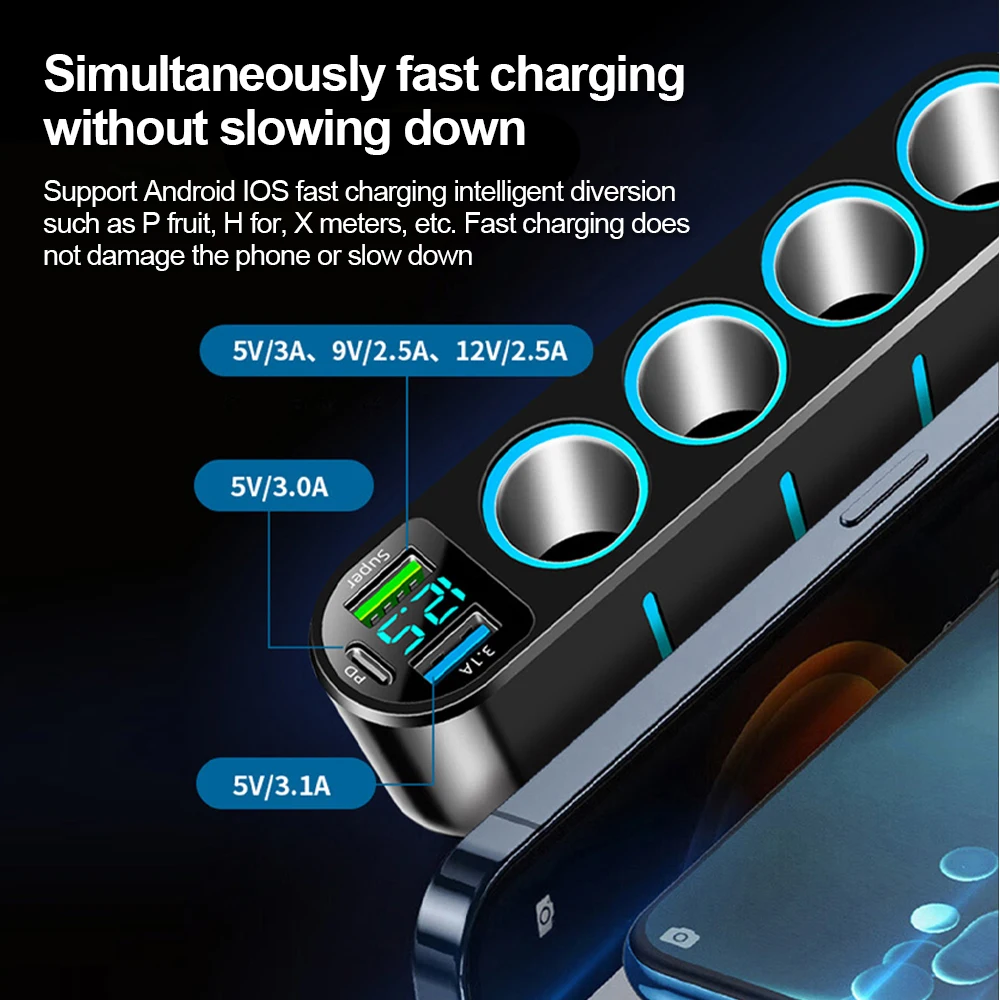 KEBIDUMEI 66W Car Cigarette Lighter Socket Splitter USB/Type-C Charger Power Adapter 7in1 Digital Display Outlet Car Accessories