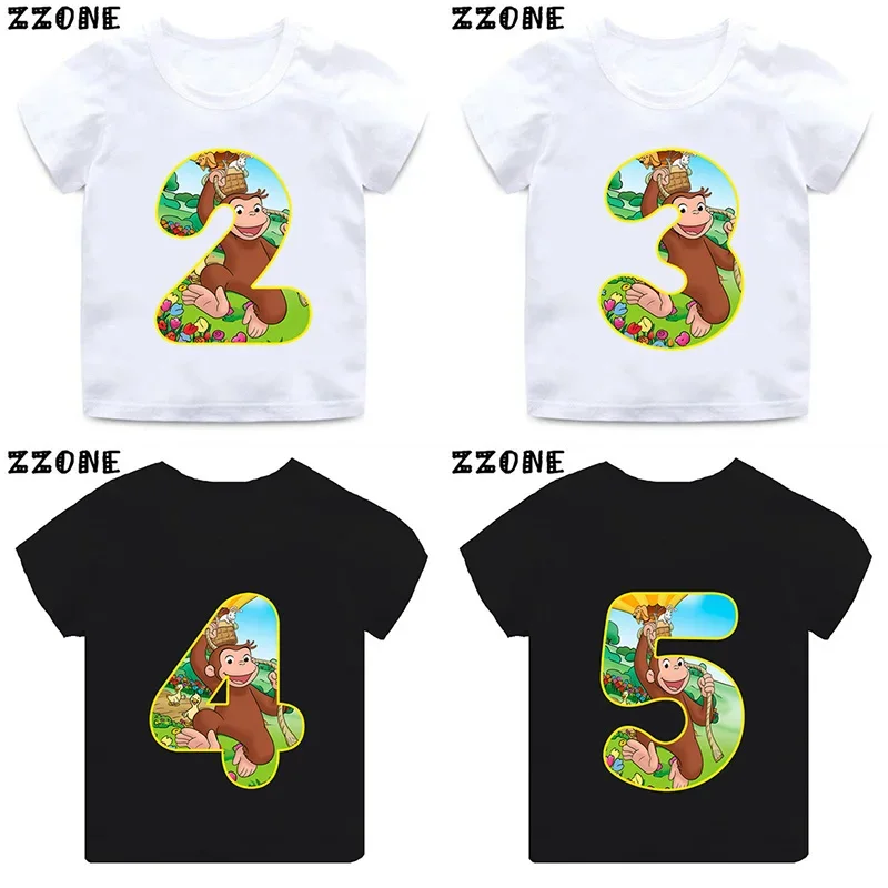 Curious George Cute Monkey Print Cartoon Boys Clothes 1 2 3 4 5 6 7 8 9 Years Birthday Number Kids T shirt Baby Girls T-Shirts