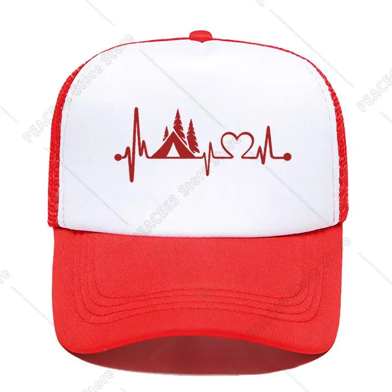 Men Women Tent Camper Heartbeat Lifeline Monitor Printing Mesh Baseball Cap Funny Casual Hats Mesh Visor Outdoor Sun Hat