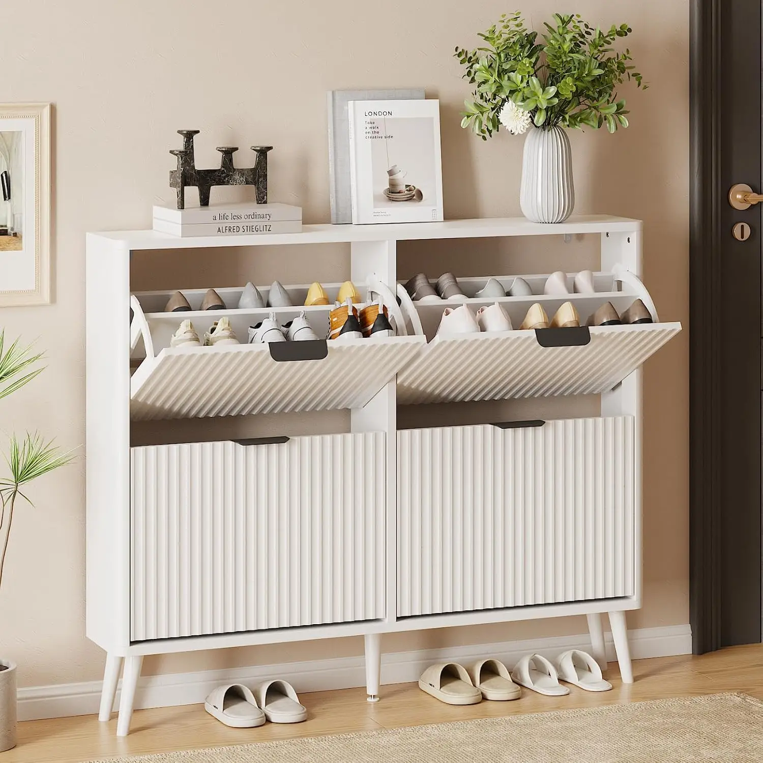 Narrow Shoe Storage Cabinet Freestanding Organizer Entryway Hallway 4 Flip Drawers, Customized