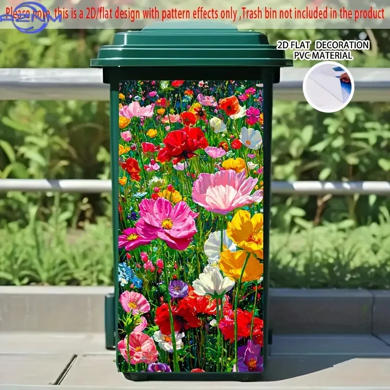 Colorful Flower Field Self-Adhesive Dustbin Stickers, PVC Trash Can Decorative Sticker for Wheelie Bin, 37.01×81.99 cm - Perfe
