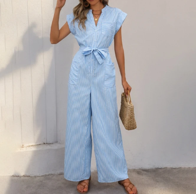 Fashion Women's Jumpsuit 2025 Solid Color Flying Sleeve Round Neck Button High Waist Wide Leg Flare Trousers Overall for Women