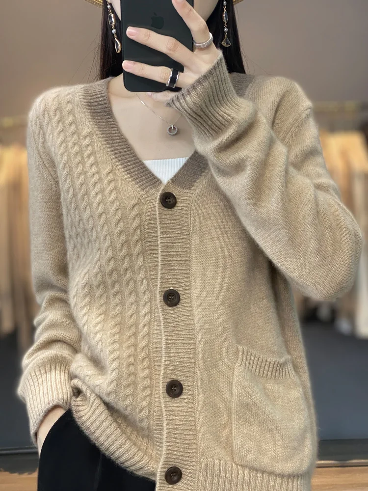 

Addonee Women V-neck Cardigan Autumn Winter 100% Merino Wool Sweater Vintage Twist Flower Long Sleeve Knitwear Fashion