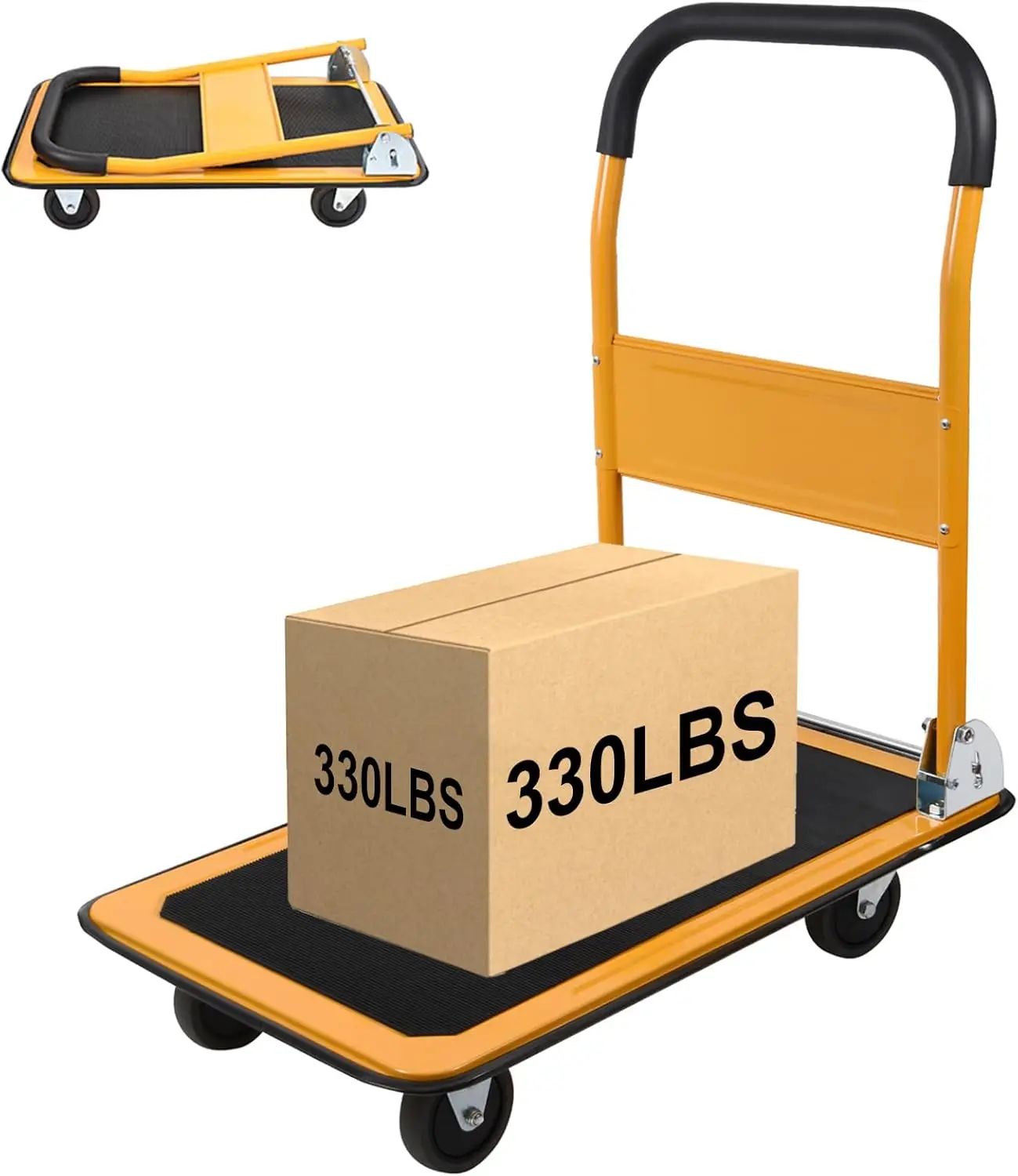 

Foldable Push Cart Platform Cart 330lbs Capacity 4 Wheels 28.7x18.5x32.3in Yellow Small Flatbed Cart